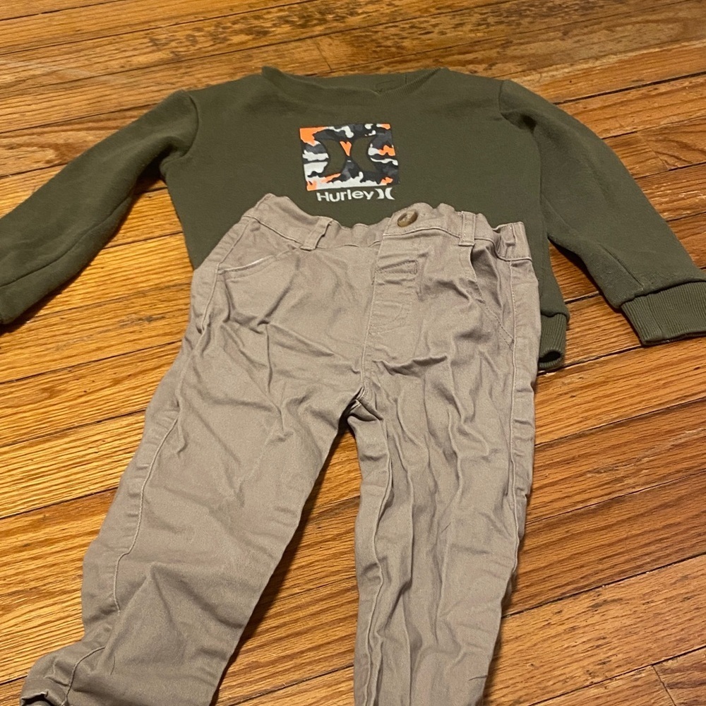 Hurley Olive Sweatshirt and Perry Ellis Khaki Pants Set 2T
